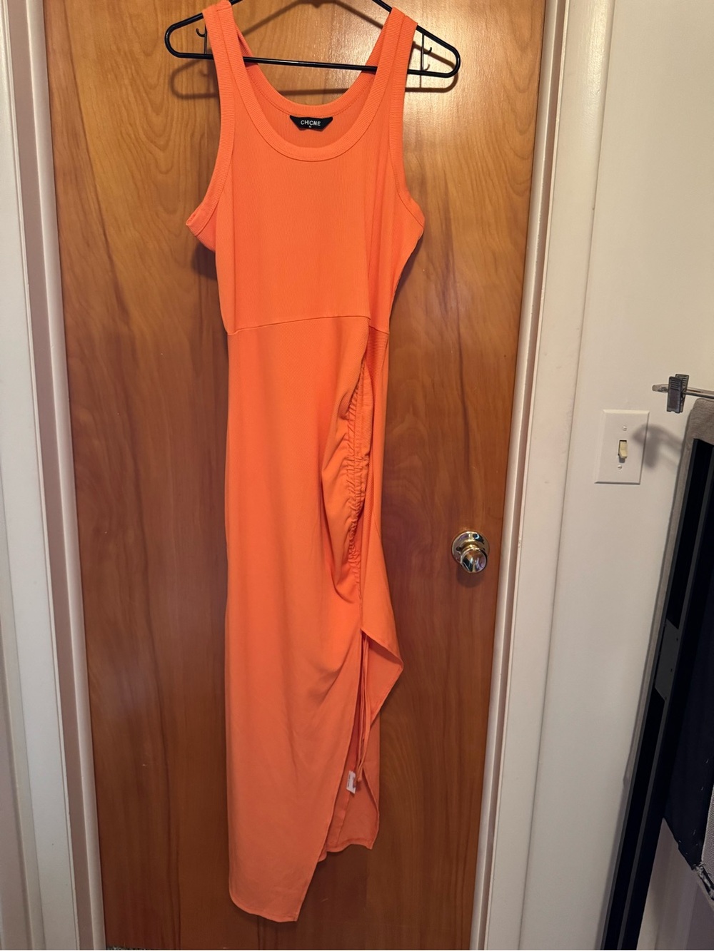 CHICME XL Bright Coral Ruched Tank Midi Dress Asymmetrical Hem Stretch Bodycon